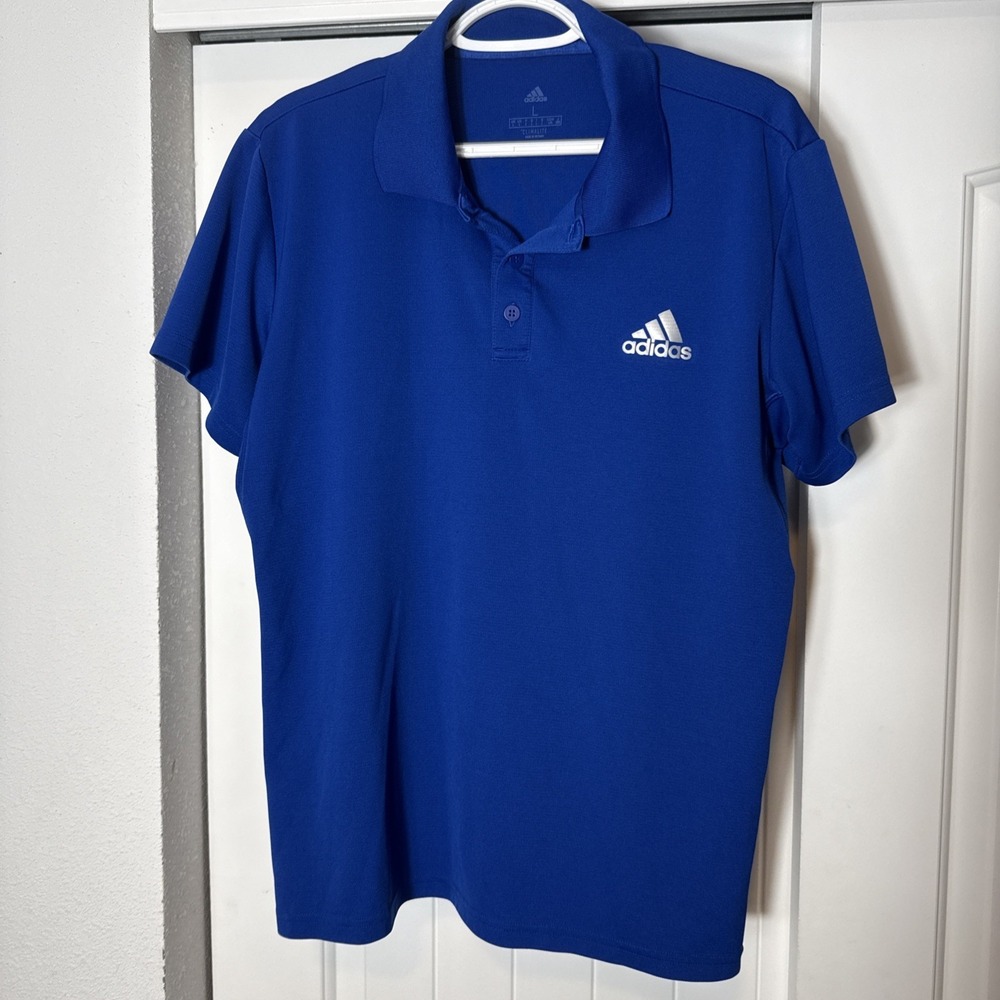 Adidas Polo Shirt Mens Large Blue Short Sleeve Climalite Casual Golf Outdoor